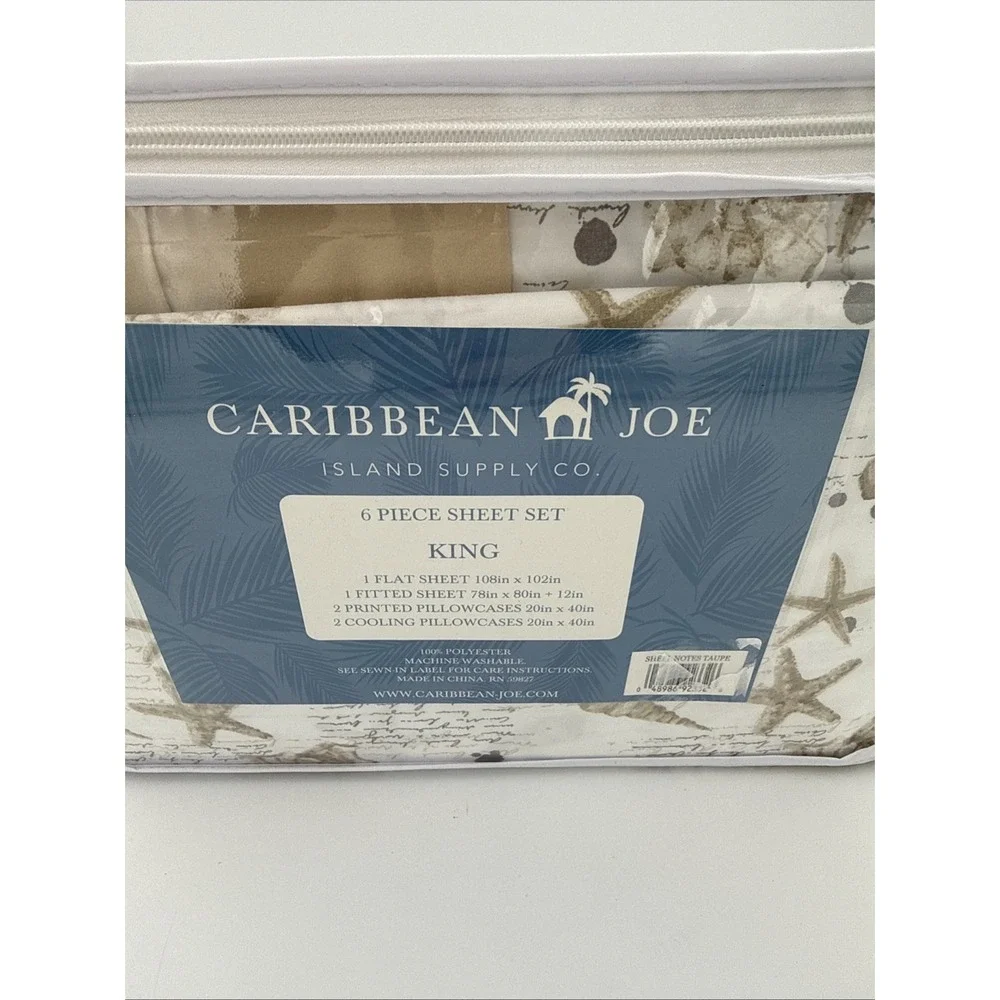 Caribbean Joe Shell Notes Taupe 6-Piece King Sheet Set w Cooling Pillowcases New